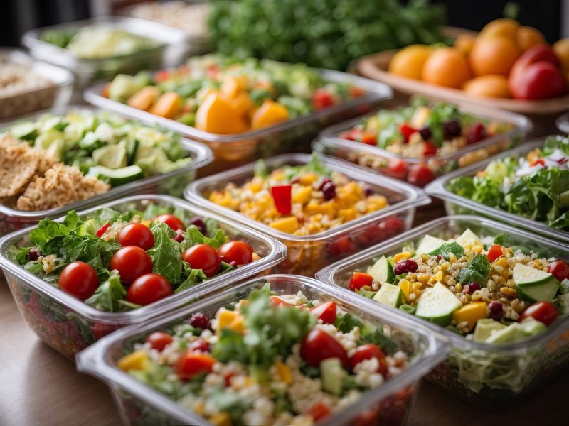 Close-up of healthy vegetarian food in containers. A lot of vegetables, fruits, herbs, dishes on the table. Delivering a balanced nutrition concept.