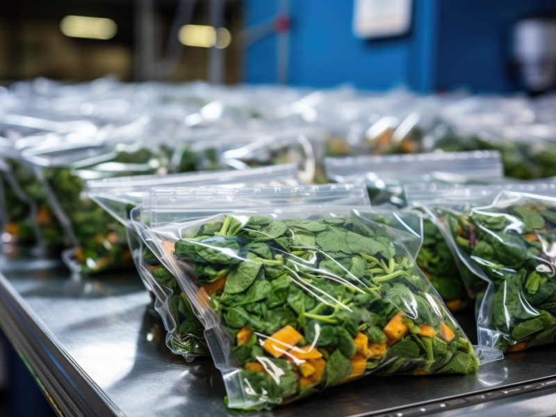 a close-up shot of freshly packaged vegetables in a factory, created with generative ai